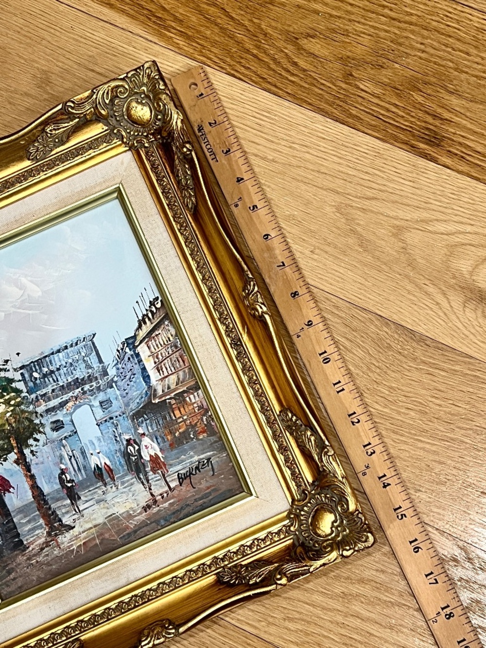 Vintage Oil Painting Parisian Street Gold Tone Ornate Frame 13" x 15" - Picture 12 of 14